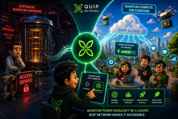 The image contrasts the current state of quantum computing—shown as expensive hardware with "ACCESS DENIED" and "EXPENSIVE QUANTUM HARDWARE" signage—with the Quip Network's vision of accessible, cloud-based quantum computing for everyone, depicted by happy users accessing "QUIP POWER ON DEMAND" through the "QUIP CLOUD" service with the tagline "QUANTUM COMPUTE FOR EVERYONE." It visually reinforces the post's message that Quip Network is democratizing quantum computing by transforming it from a costly luxury into an on-demand cloud service accessible to all.