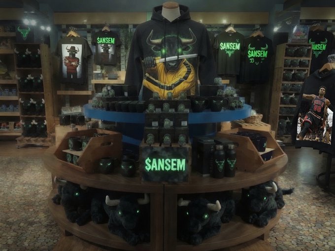 Retail display for the brand 'SANSEM' featuring green bull-themed merchandise including hoodies, t-shirts, mugs, and plush bull toys arranged on a circular wooden display table.