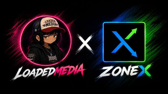 A promotional graphic featuring a "LOADED MEDIA" logo with a cartoon character next to an "X" and a "ZONE X" logo with blue and green arrows on a dark background.