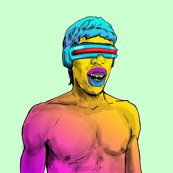 A stylized pop-art portrait of a shirtless man with blue hair wearing a VR headset, featuring yellow skin, blue lips, and a gradient of yellow, orange, and pink across his body against a pale green background.