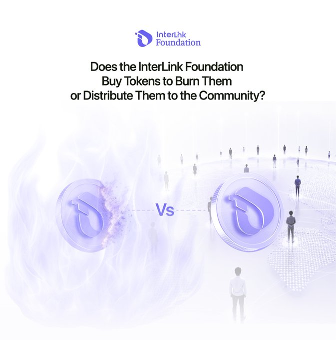 The image is a graphic from the InterLink Foundation posing the question "Does the InterLink Foundation Buy Tokens to Burn Them or Distribute Them to the Community?" It visually contrasts two InterLink ($ITL) tokens—one engulfed in flames on the left and another surrounded by a crowd of people on the right—separated by a "Vs." This imagery directly relates to the accompanying post about a proposed $ITL token buyback program, illustrating the choice between burning repurchased tokens versus redistributing them to the community through a Reverse Auction mechanism.