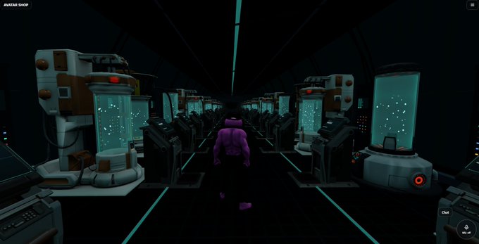 A third-person space game scene shows a purple-suited astronaut walking down a dark sci-fi corridor lined with glowing teal tanks and control panels.