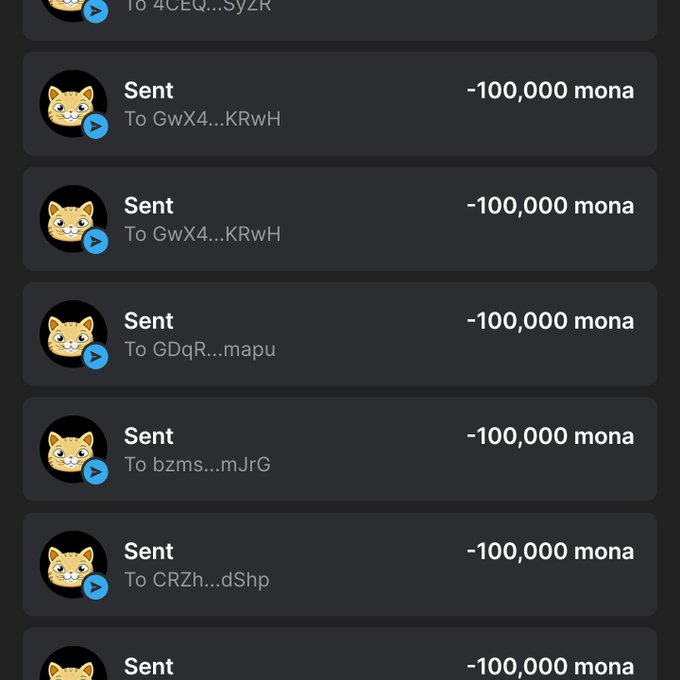 The image shows a list of six different messages sent by users to a specific account. The messages are numbered from 1 to 6, with each message having a unique description or context related to the account. One of the messages reads "To GQR... mpu", which could be referring to a specific action or transaction within the account. The post also mentions that there is a "Solana Airdrop" in the image and encourages users to drop their Solana address for 100,000 monas (one Bitcoin).