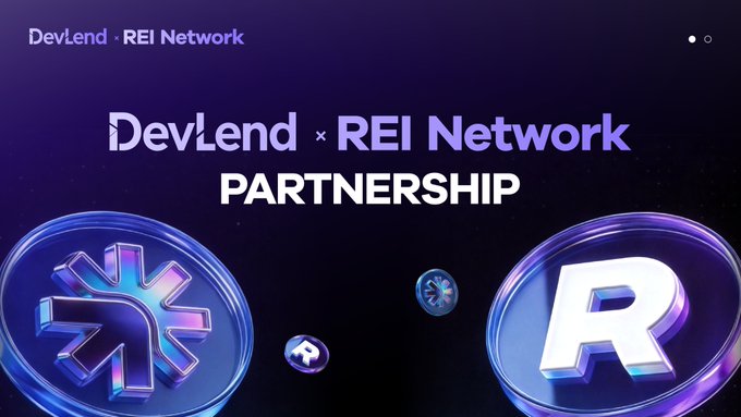 A promotional graphic announces a 'DevLend x REI Network PARTNERSHIP' against a dark purple background with stylized metallic coin logos.