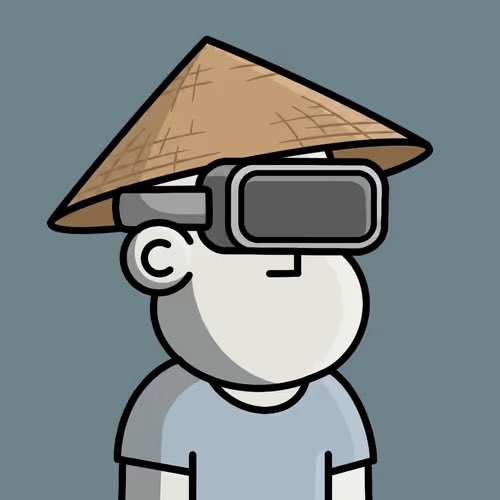 A cartoon character wearing a conical Asian straw hat and a VR headset stands against a gray background.
