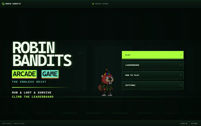 Title screen for the arcade game 'ROBIN BANDITS' with the subtitle 'THE ENDLESS HEIST', featuring menu options Play, Leaderboard, How to Play, and Settings alongside a pixel-art character.
