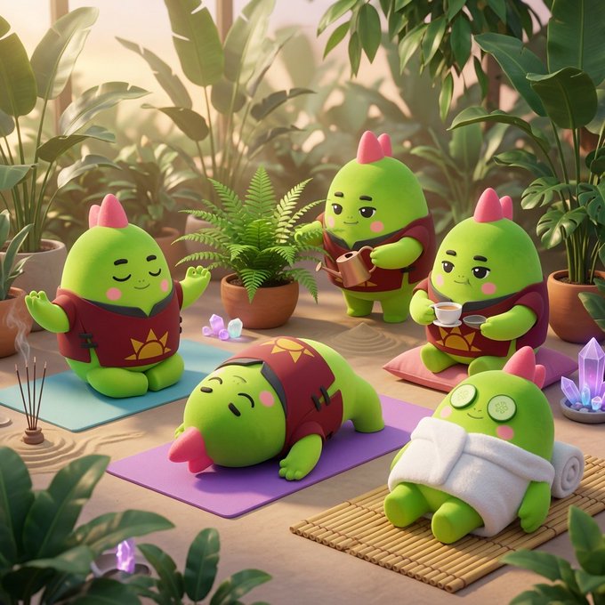 The image shows a group of adorable green cartoon mascots with pink mohawks practicing various wellness activities like yoga, meditation with tea, resting with cucumber eye masks, and relaxation in a lush plant-filled setting, reflecting the comprehensive wellness platform of Sleepagotchi. The scene visually represents the holistic health journey, connecting to the post's mention of $SLEEP token and the project's broader wellness economy beyond just sleep tracking.