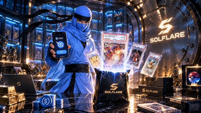 A promotional image features a person dressed in a blue ninja costume holding a smartphone displaying the Solflare app, surrounded by floating trading cards, Solflare merchandise, and gold bars in a vault.