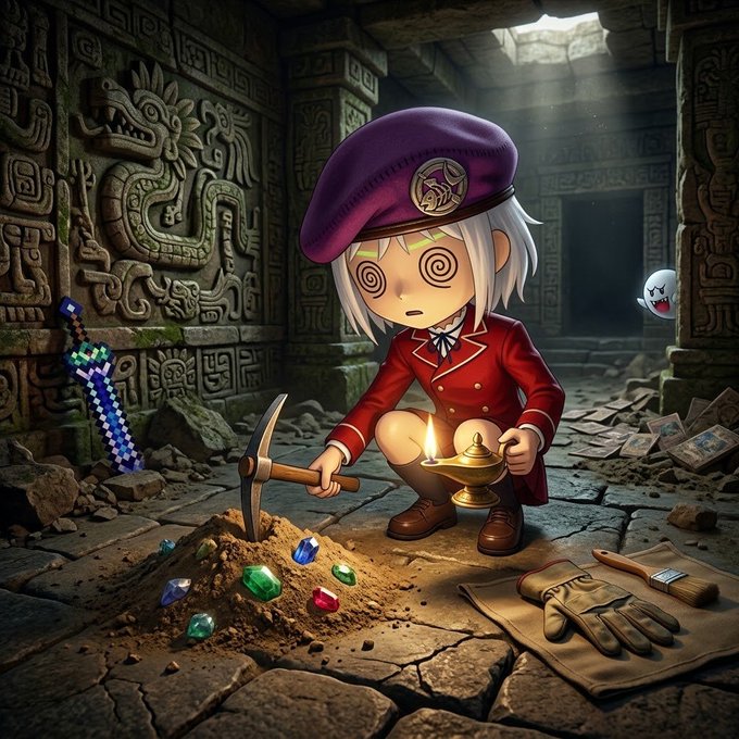 A young adventurer with hypnotized spiral eyes mines colorful gems in a Mesoamerican-style ruin, equipped with a pickaxe, enchanted diamond sword, and a small ghost companion. The image humorously captures the post's reference to "digging for sub 10k gems," depicting a literal treasure hunt for low-value gemstones rather than crypto or luxury goods.