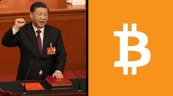 This image shows Xi Jinping speaking, juxtaposed with the Bitcoin logo, symbolizing Hong Kong's emergence as a global digital asset hub under Chinese influence. The post highlights Hong Kong's crypto-friendly policies as a draw for investors.