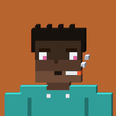 A pixel art character depicts a dark-skinned man with a teal shirt and a surprised expression with a tear, set against a solid orange background.