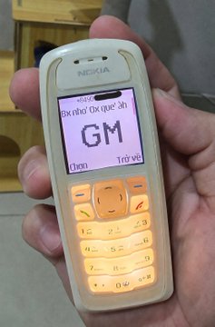 A hand holds a small cream-colored Nokia phone displaying a screen that reads "To nho cua qui" with "GM" in large letters, "Dom" and "Trang" below, and the time "2:00", with the text "NOKIA" visible at the top.