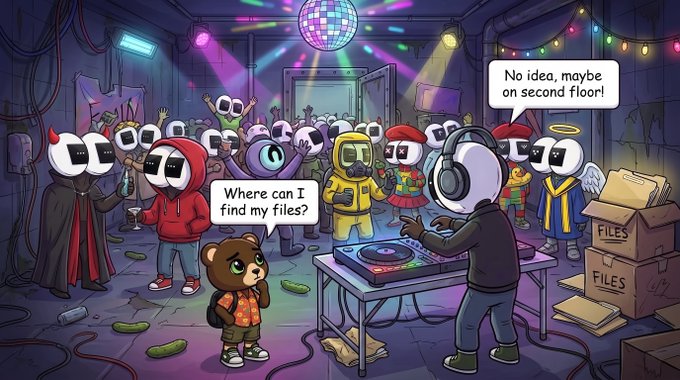 A colorful digital illustration of an underground party with cartoon characters wearing paper bag masks at a DJ booth, with boxes labeled "FILES" and speech bubbles asking "Where can I find my files?" and "No idea, maybe on second floor!"