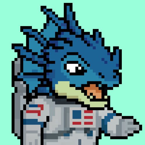 A pixel art drawing depicts a blue dragon-like creature dressed as an astronaut or pilot in a grey uniform with red and blue accents.