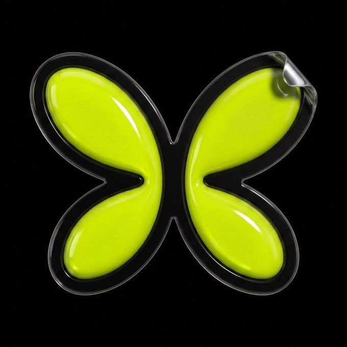 A glossy neon yellow butterfly graphic outlined in black with a peeled sticker effect on the upper right corner.