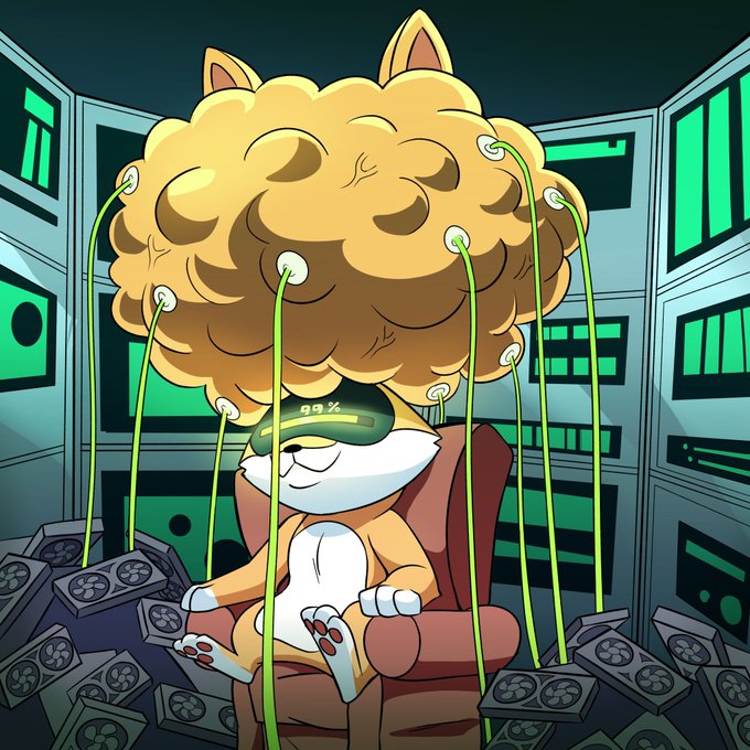 Cartoon illustration of a cat-like character with an oversized brain connected by electrodes, wearing a VR headset displaying '99%', sitting among cryptocurrency mining hardware.
