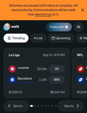 The image shows a World prediction market app interface displaying a La Liga match between Levante and Barcelona (Sep 13, 8:15 PM), with Barcelona favored at 86% versus Levante's 5%, and an NFL game partially visible. The user is referencing being an early follower of @world_xyz before it had a "stimmy" (stimulus/rewards) feature, noting that the World Prediction Market is now live again but rewards are still not yet available.