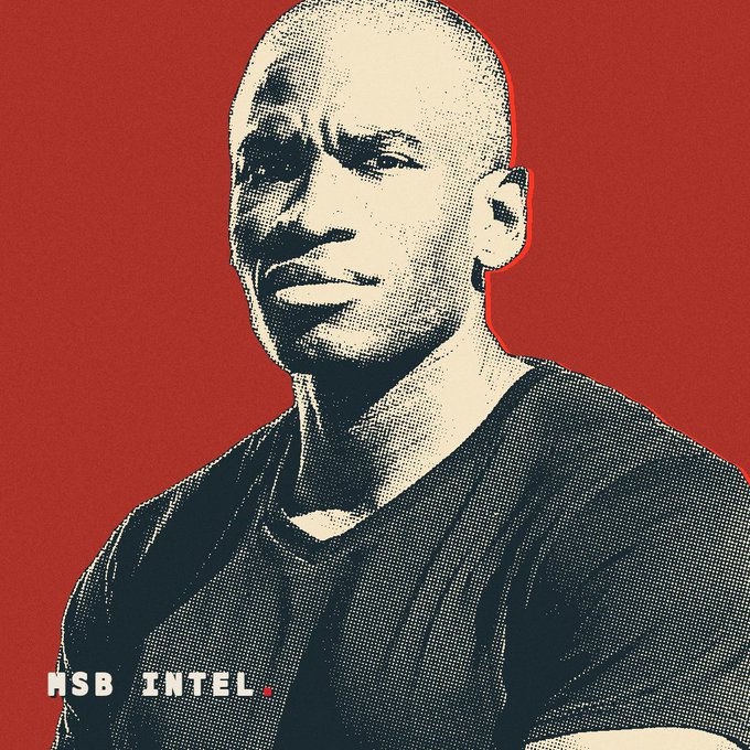 A stylized halftone portrait illustration of a man wearing a dark V-neck t-shirt against a solid red background, with "HSB INTEL" text in the bottom left corner featuring a small red triangle.