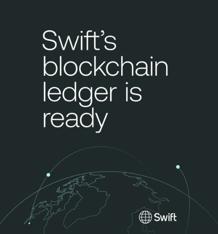 A dark promotional graphic with the headline "Swift's blockchain ledger is ready" above a stylized wireframe globe, featuring the Swift logo with a globe icon. The image highlights Swift's blockchain initiative, which contrasts with the post's discussion about XRP and Ripple's role in providing infrastructure for moving bank assets rather than tokenizing them.
