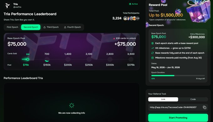 The image shows a screenshot of a Tria dashboard page that displays information about cryptocurrency trading. It contains various details such as token count, current token balance, price history, and other relevant data points for evaluating performance in the cryptocurrency world. The main focus is on the word "Tria" at the top left corner of the screen, indicating its importance within the context of the image.