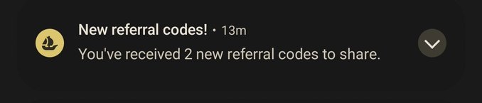 A mobile notification from OpenSea (indicated by the yellow sailboat logo) alerts "New referral codes! · 13m — You've received 2 new referral codes to share," directly tied to the post's mention of needing an OpenSea mobile app invite.
