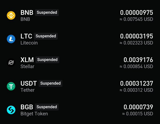 A dark-mode cryptocurrency portfolio showing holdings in BNB, LTC, XLM, USDT, and BGB, all marked as 'Suspended', with extremely low USD valuations.