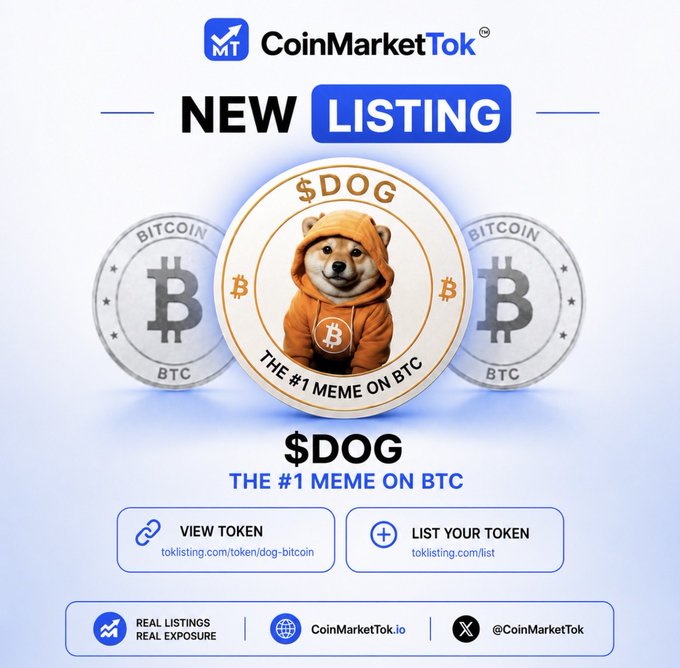 A promotional graphic for CoinMarketTok announcing the new listing of $DOG ("The #1 Meme on BTC"), featuring a central token design with a Shiba Inu in a Bitcoin hoodie flanked by Bitcoin coins, with links to view the token at toklisting.com/token/dog-bitcoin and list other projects at toklisting.com/list.