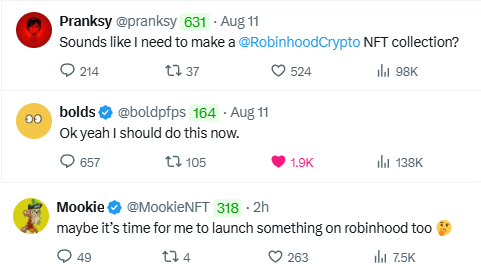 Screenshot of three tweets from Pranksy, bolds, and Mookie discussing the possibility of launching an NFT collection on @RobinhoodCrypto.