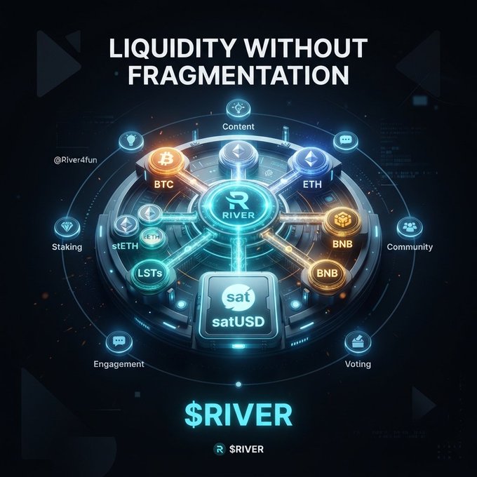 A promotional graphic for $RIVER titled 'LIQUIDITY WITHOUT FRAGMENTATION', showing a circular diagram connecting BTC, ETH, BNB, LSTs, stETH, and satUSD with labeled features including Content, Community, Voting, Engagement, and Staking.