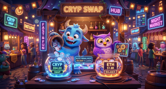 A vibrant, cartoon-style digital illustration of a "CRYP SWAP HUB" night market scene featuring a blue monster and a purple owl at a crypto exchange booth displaying CRYP and ETH balances.