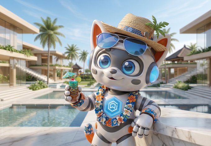 A 3D-rendered cartoon robotic cat wearing a straw hat, sunglasses, and a floral Hawaiian shirt, holding a tropical drink by a resort pool.