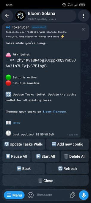 A screenshot of a mobile app interface titled 'Bloom Solana' shows user statistics and options like 'Update Tasks Wallet', 'Add new config', 'Pause All', 'Start All', and 'Delete All'.