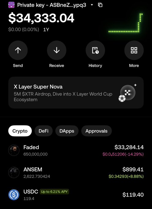 A screenshot of an OKX wallet showing a total balance of $34,333.04, with a portfolio breakdown featuring Faded (650,000,000 tokens at $33,284.14, down 14.29%), ANSEM (2,622.730424 at $899.41, up 8.88%), and USDC (119.4 at $119.40). The image supports the post by demonstrating where the holder plans to store and manage their token holdings, noting difficulty sending tokens directly from FOMO.