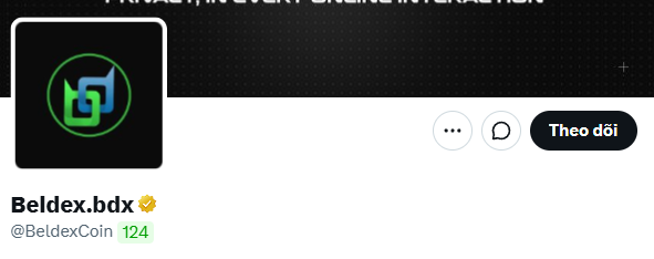 A screenshot of a social media profile for 'Beldex.bdx' with the handle '@BeldexCoin', featuring a green and blue 'b' logo on a black background and a 'Theo dõi' (Follow) button.