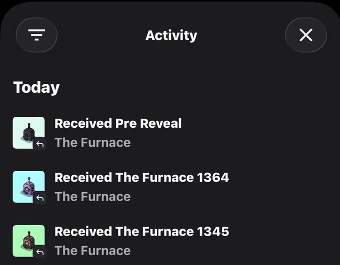 A mobile app screenshot showing an "Activity" screen with three "Today" entries: "Received Pre Reveal", "Received The Furnace 1364", and "Received The Furnace 1345", all attributed to "The Furnace".