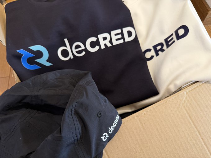 A box contains merchandise including black and white t-shirts and a dark bucket hat, all featuring the 'decred' logo and wordmark.