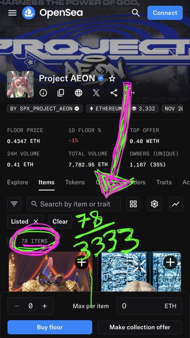 Screenshot of the Project AEON NFT collection page on OpenSea, showing 78 items at a floor price of 0.4347 ETH, with a hand-drawn arrow pointing from the item count to a 78/3333 annotation indicating supply details.