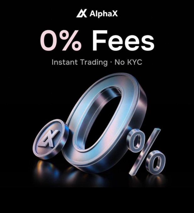 A promotional graphic for AlphaX featuring a metallic 3D "0%" with their logo, advertising "0% Fees" alongside "Instant Trading · No KYC" text on a black background, supporting the message that AlphaX offers zero-fee trading while noting the broader discussion that "0 fees" doesn't always mean the same thing across platforms.