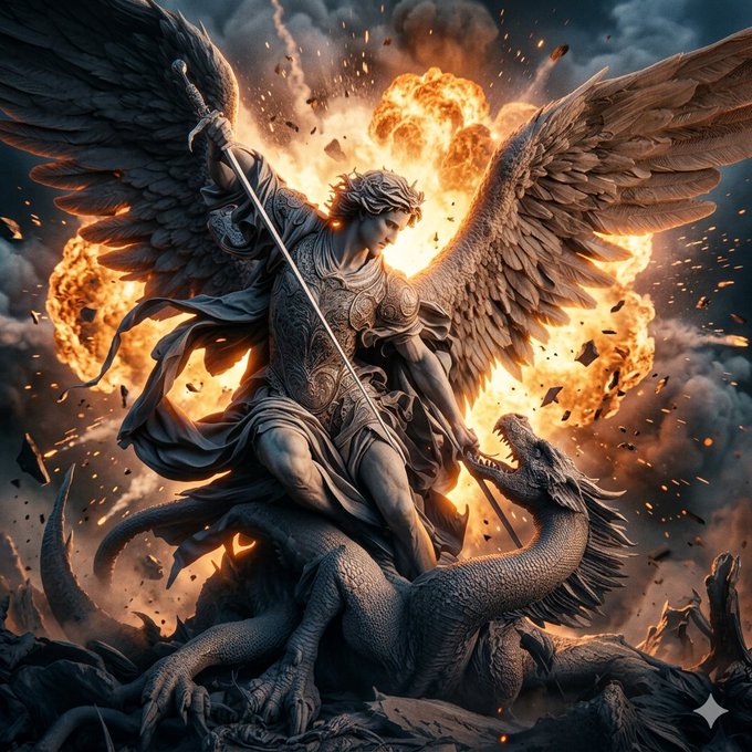 A dramatic digital artwork of an armored angel with large wings wielding a sword while fighting a dragon amidst a fiery explosion.