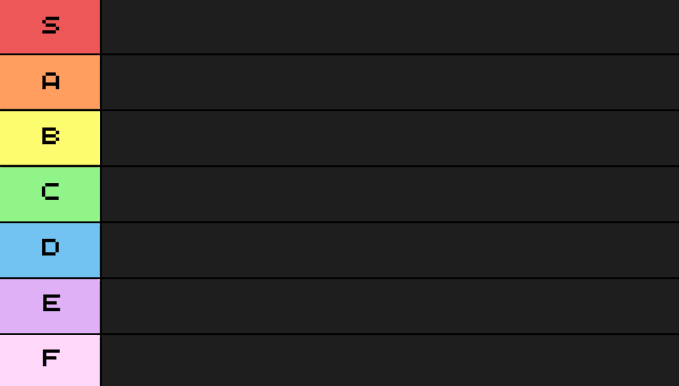 A blank tier list graphic with rows labeled S, A, B, C, D, E, and F, each color-coded in a rainbow spectrum from red to light pink.