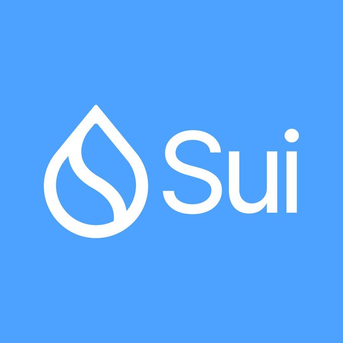 The Sui blockchain logo, featuring a white water droplet icon next to the word "Sui" on a solid blue background.
