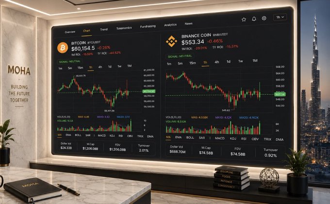 A display screen shows live candlestick charts for BTC at $60,154.5 (-0.42%) and BNB at $553.34 (-0.46%), with BNB's volume spiking to 9.83K on the 1h timeframe—both firmly holding above key support levels as referenced in the caption's observation about the market's steady, non-panicking structure despite recent volatility.