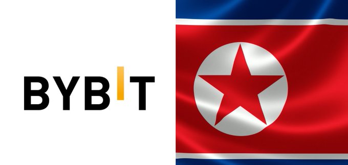 A split graphic showing the 'BYBIT' logo on the left and the waving flag of North Korea on the right.