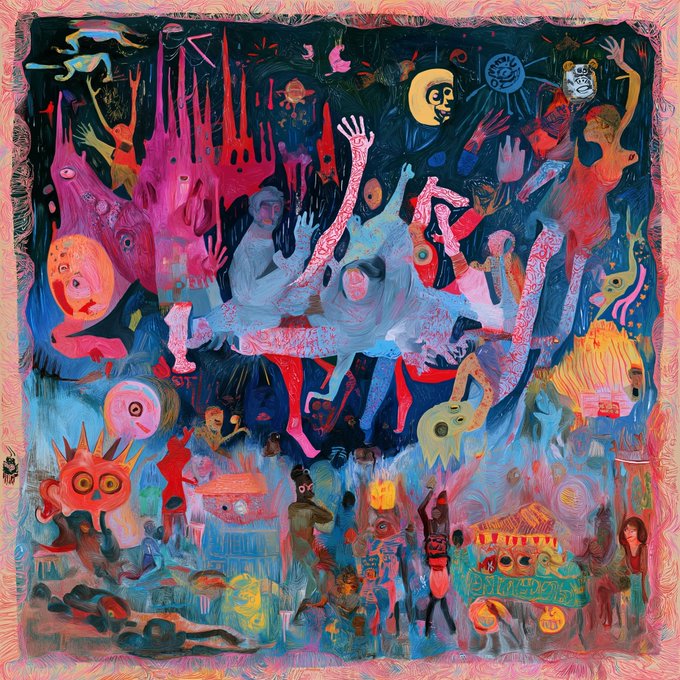 A vibrant, surrealist painting filled with colorful abstract figures, faces, and mythological-looking creatures in shades of pink, blue, and red against a dark background, framed by a wavy pink border.