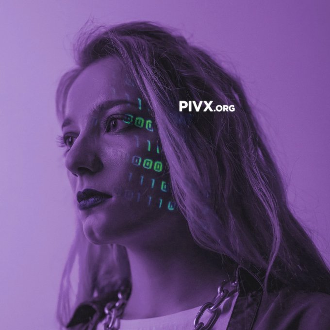 A purple-tinted promotional image featuring a woman with binary code projected on her face alongside the text 'PIVX.ORG'.