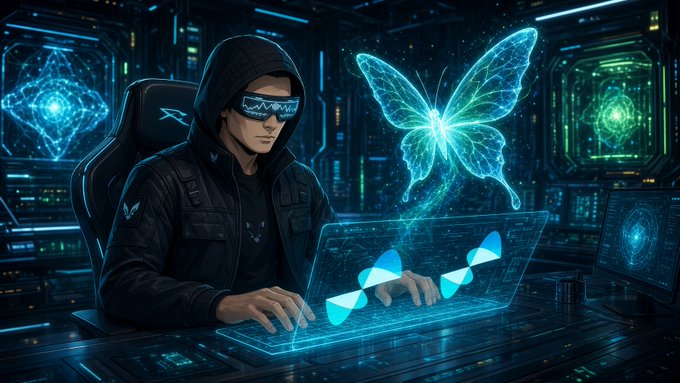 A hooded figure wearing tech-style visor goggles works at a glowing holographic laptop displaying a luminous butterfly data projection in a futuristic command center filled with cyan-lit server racks. The image visually reinforces the post's theme of quantum computing exploration and the @quipnetwork breakdown of qubit possibilities, with the holographic butterfly symbolizing the "mind-opening" revelation of quantum advantage beyond mere speed.