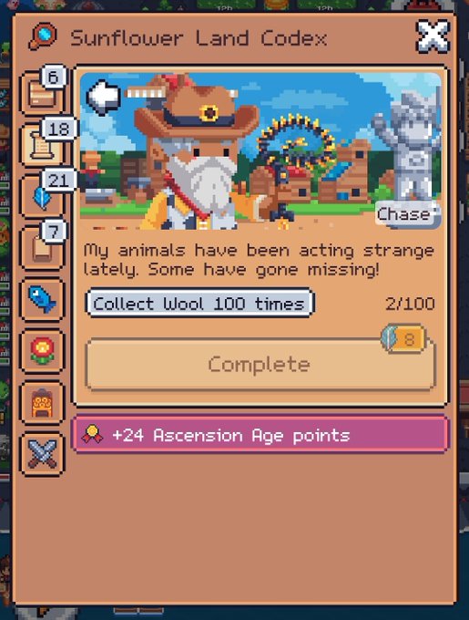 A "Sunflower Land Codex" mission card featuring the characters Chase and Birdie, where the task is to "Collect Wool 100 times" (2/100 progress) with an 8-coin reward and +24 Ascension Age points upon completion. The image relates to the post by revealing Chase as a sheep-farming character with an active wool collection quest, contrasting with Petro who the poster notes has no daily requests.