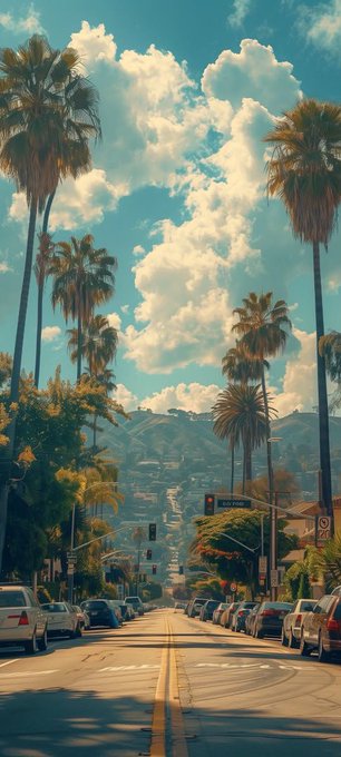 A sunny Southern California street lined with tall palm trees stretches toward distant mountains under a bright blue sky dotted with fluffy clouds, capturing the quintessential "Happy Sunday" vibe. Cars are parked along both sides of the road, with traffic lights visible in the distance, evoking a relaxed, warm weekend atmosphere.