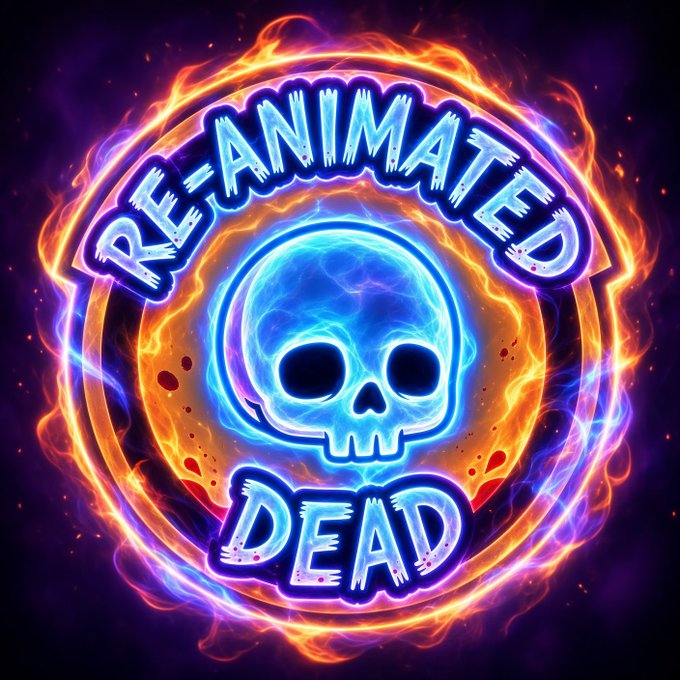 A neon-style circular logo featuring a blue skull surrounded by orange and purple flames, with the text 'RE-ANIMATED' arched above and 'DEAD' below.