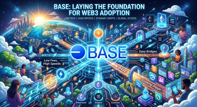 The image features a colorful illustration of a cityscape with various buildings and people interacting within them. The main focus of the image is a large blue "BASE" logo, surrounded by smaller blue text that reads "Laying the foundation for web3 adoption". Below this, there are descriptions of how Base can help make the decentralized internet more accessible to everyone through low fees, high speeds, and easy-to-use developer tools.